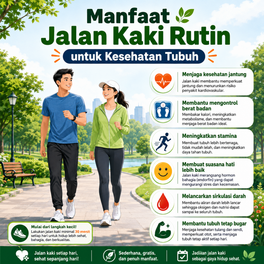 Jalan kaki rutin membantu menjaga jantung, berat badan, stamina, dan suasana hati agar tubuh tetap bugar serta lebih sehat setiap hari.